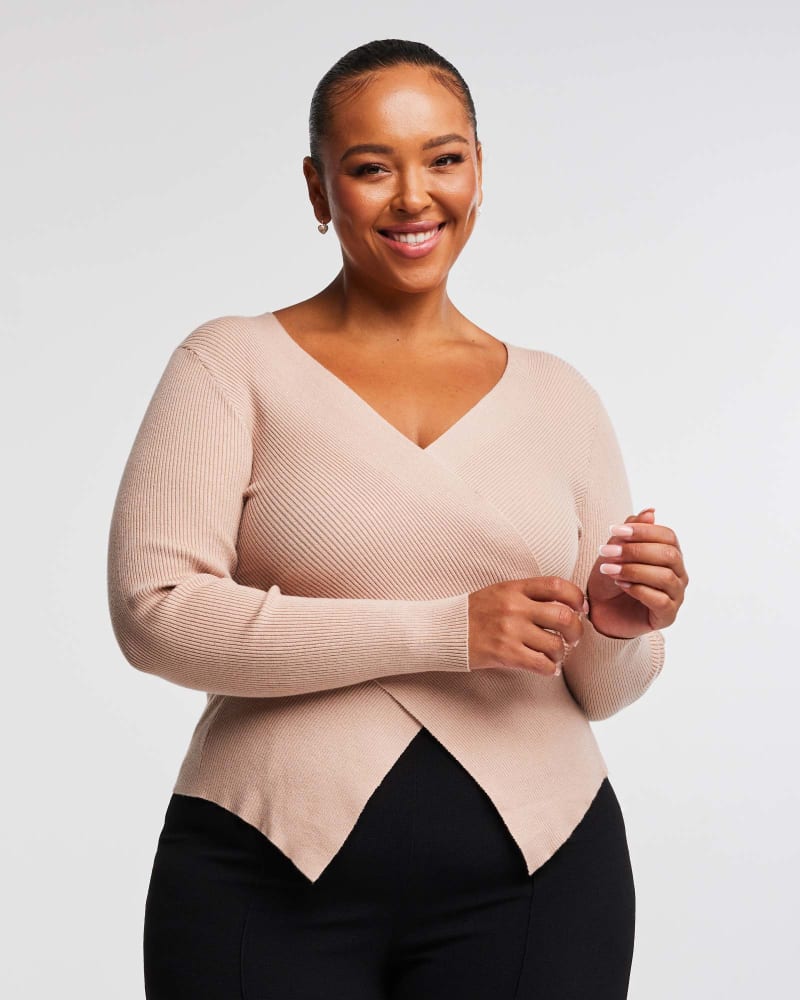 Front of a model wearing a size 16W Wrap It Up Knit in Latte by Estelle. | dia_product_style_image_id:302250